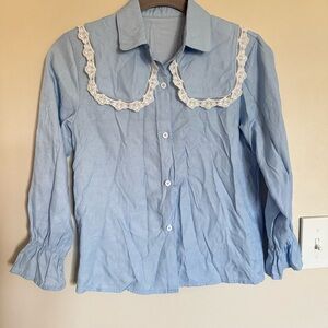 Vintage Light Blue Satin Lace Collar Blouse Button Shirt Girls Size 8 - 10